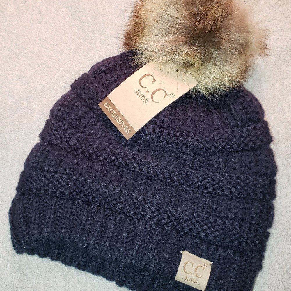 Kid's Navy Blue Beanie w/ Beige Pom